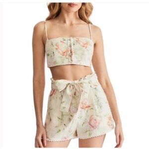 Caroline Constas Linen Crochet Floral Crop Top & High-Waist Shorts Set